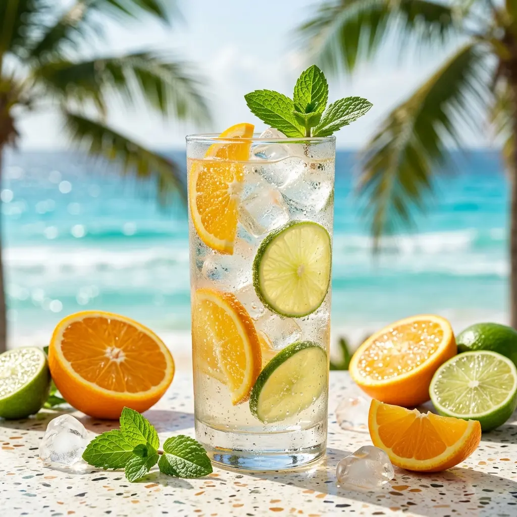 Vaso alto con bebida de electrolitos, rodajas de naranja, limón y hierbabuena