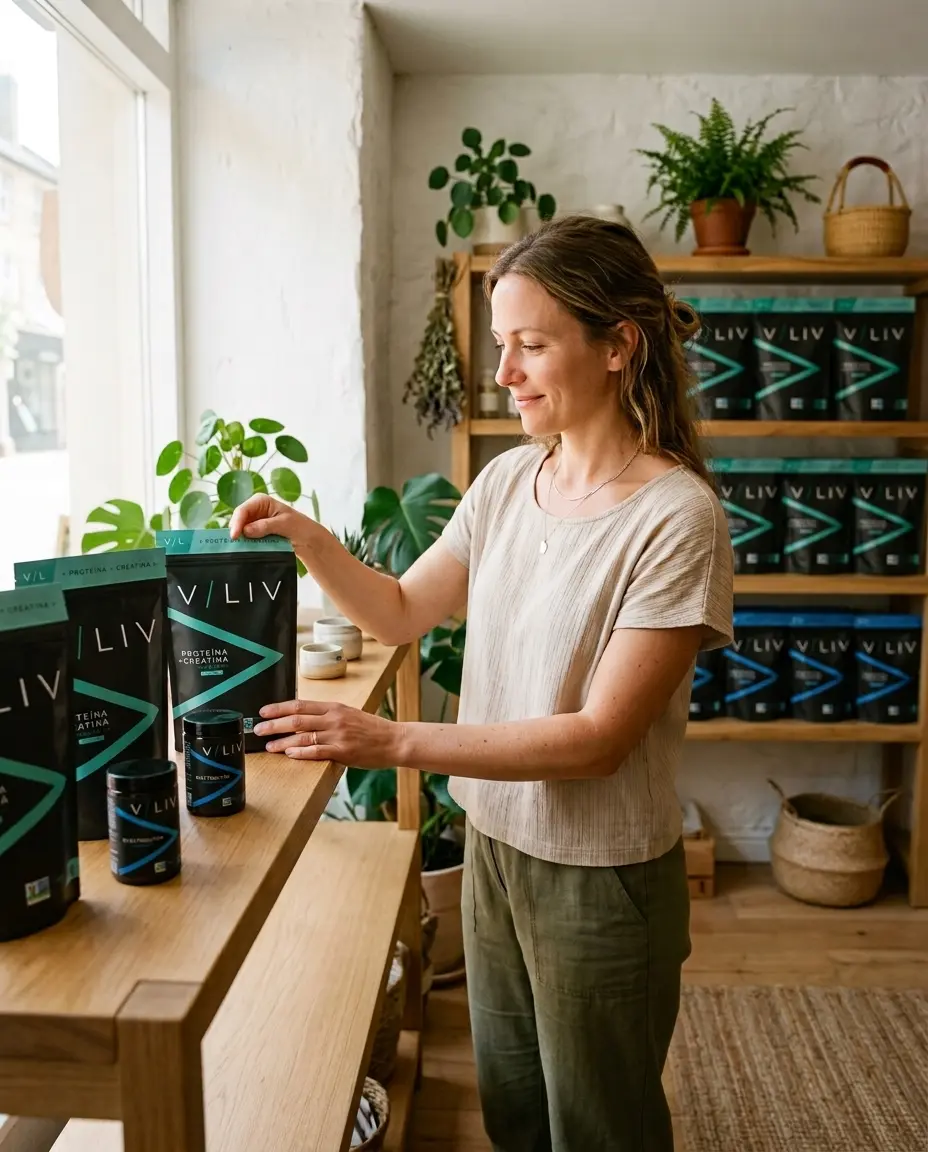 Encargada de una tienda acomodando bolsas de Proteína + Creatina VLIV en el mostrador, con el anaquel de producto al fondo