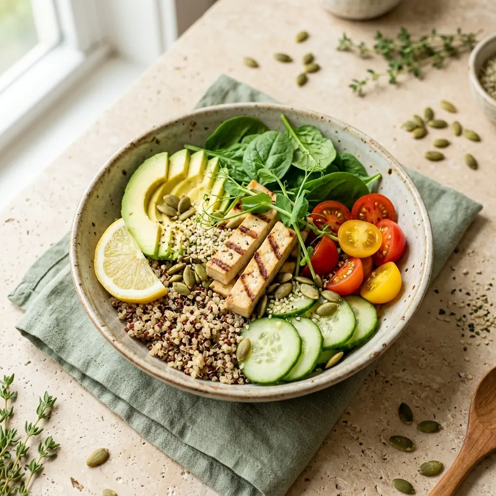Bowl de quinoa con aguacate, vegetales frescos y semillas