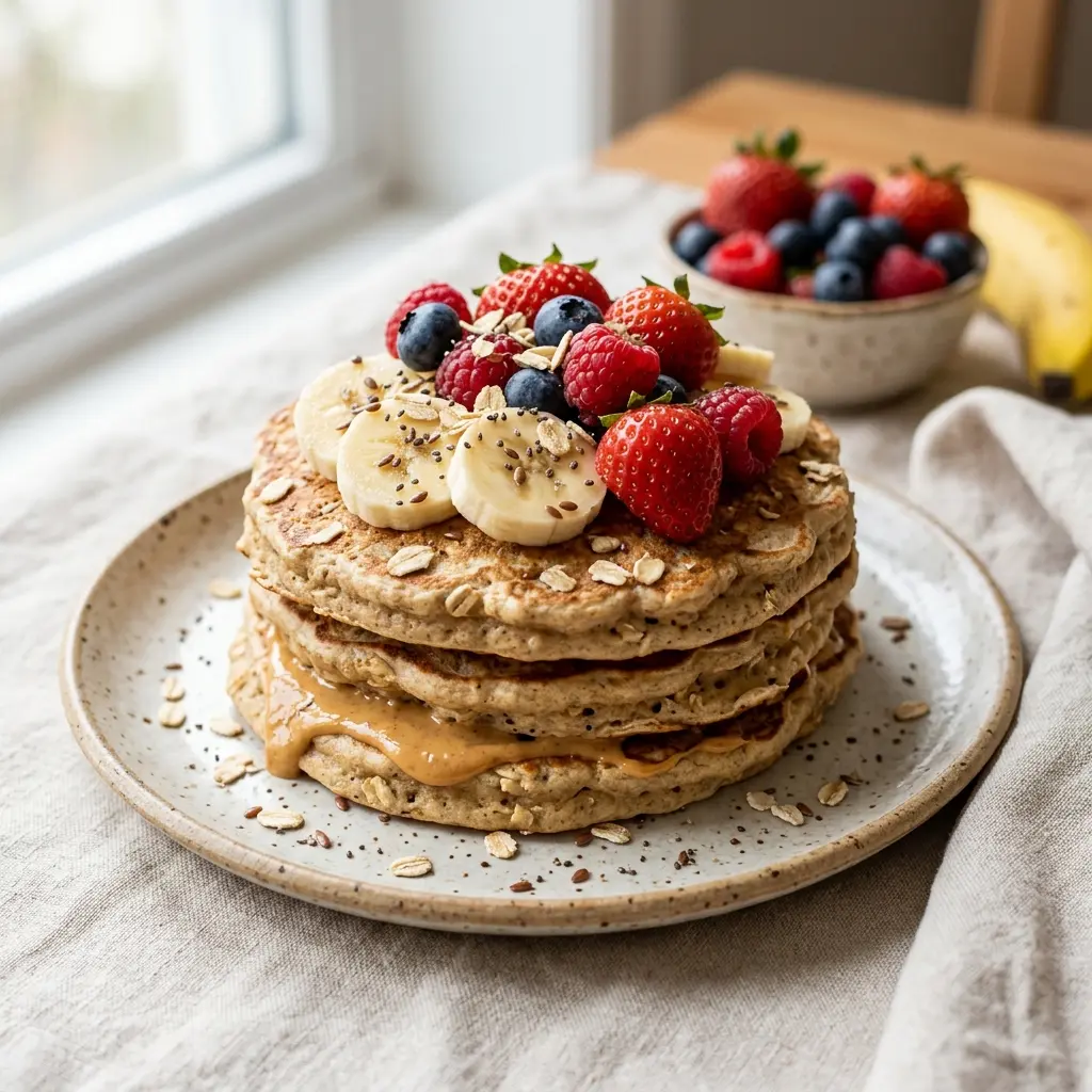 Torre de hotcakes con plátano, fresas, moras y crema de cacahuate