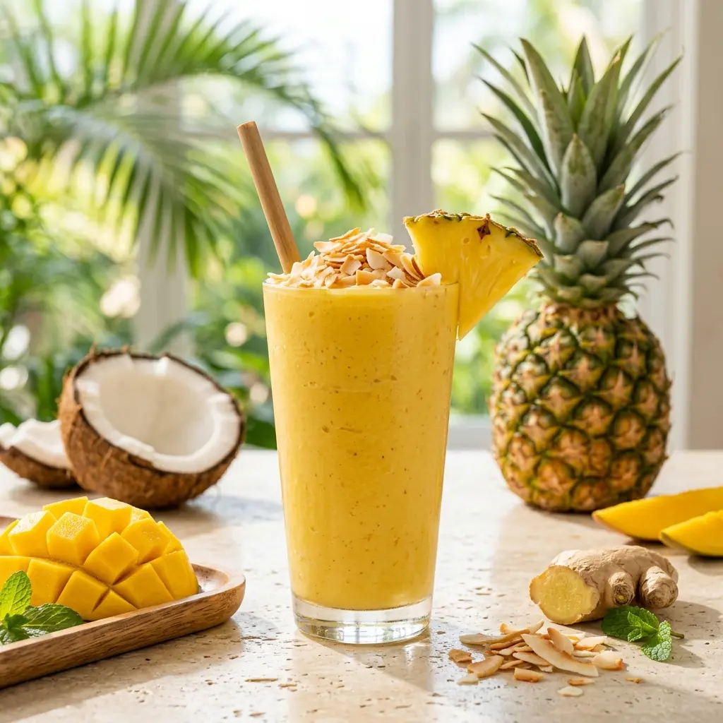 Vaso alto con smoothie de mango y piña, coco rallado y popote de madera