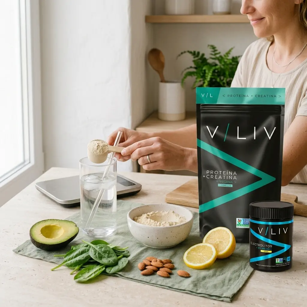 Mesa de cocina con un medidor de Proteína + Creatina VLIV, un vaso de agua, aguacate, espinacas, almendras, limón y el bote de Electrolitos VLIV
