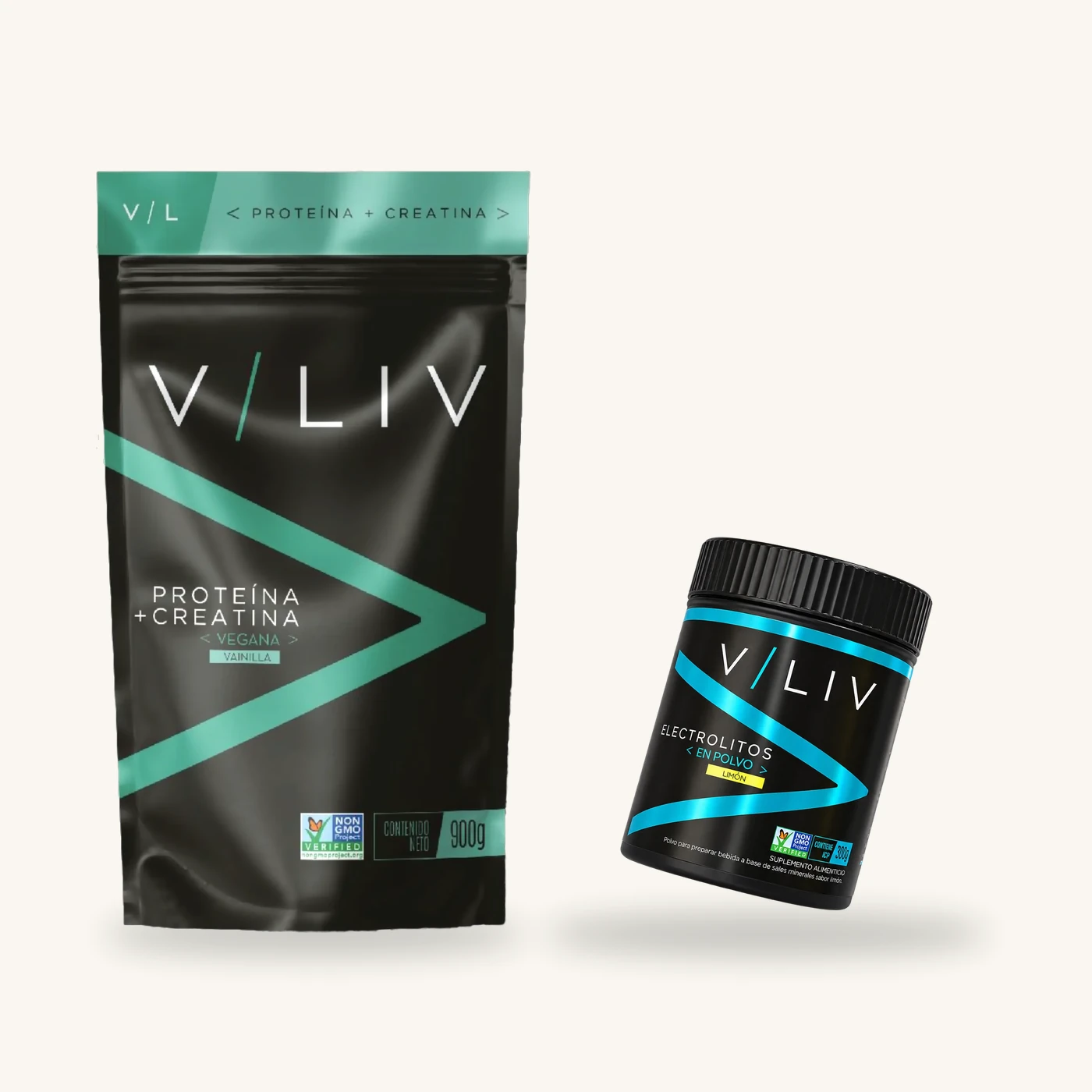 Pack VLIV: bolsa de Proteína + Creatina Vegana sabor vainilla de 900 g junto al bote de Electrolitos en Polvo sabor limón de 300 g