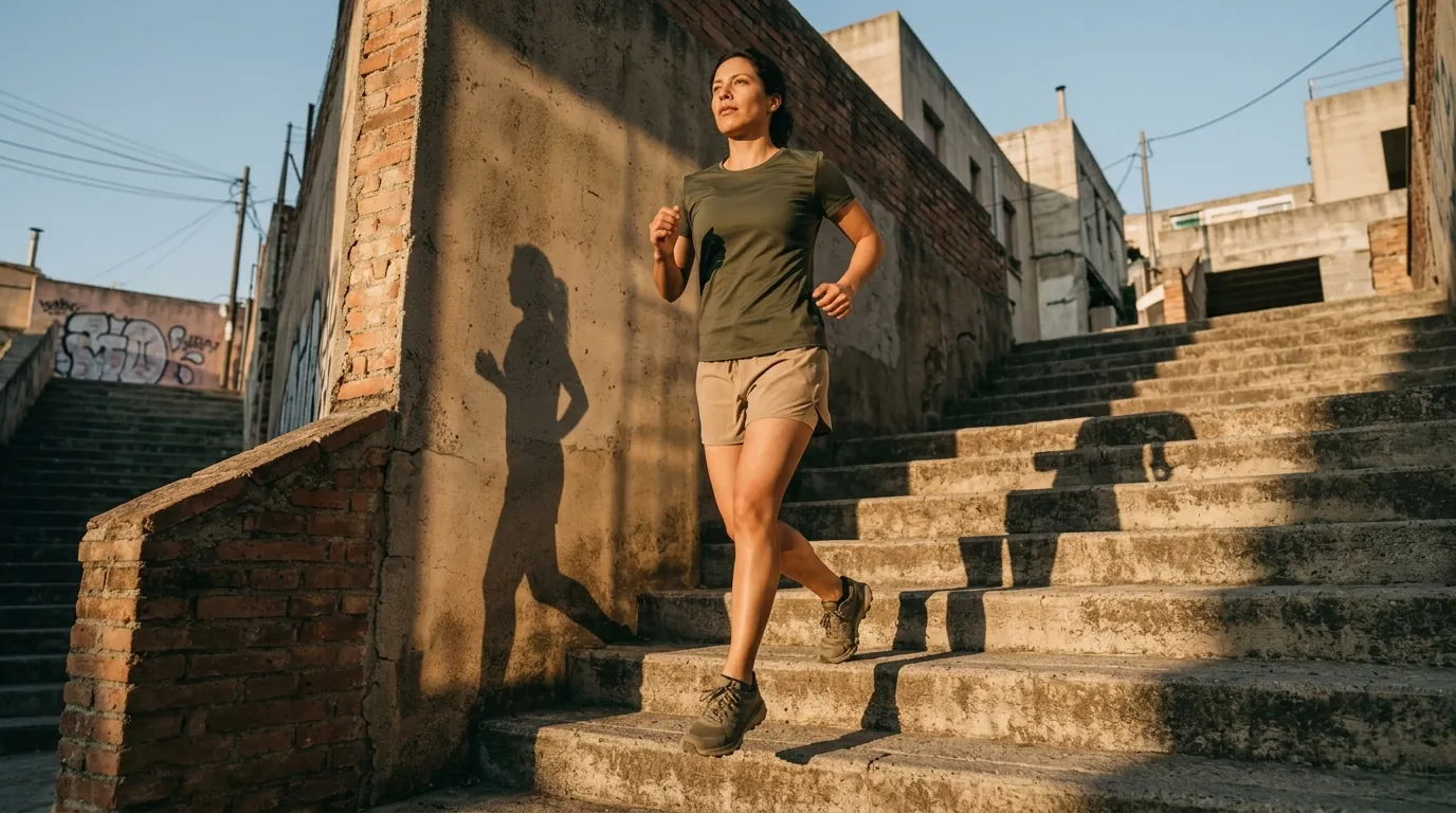 Mujer corriendo por unas escaleras de piedra en la calle, a última hora de la tarde, con su sombra proyectada en el muro