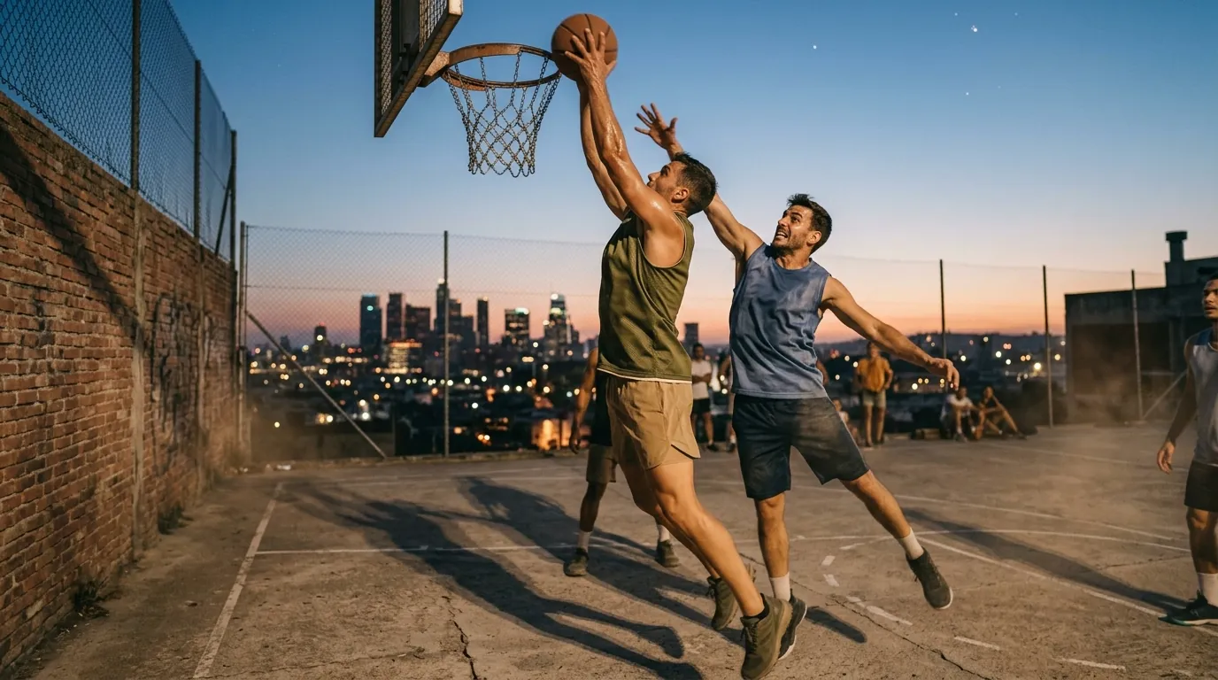Dos jugadores disputando un balón junto al aro en una cancha de baloncesto al aire libre, al anochecer, con la ciudad al fondo