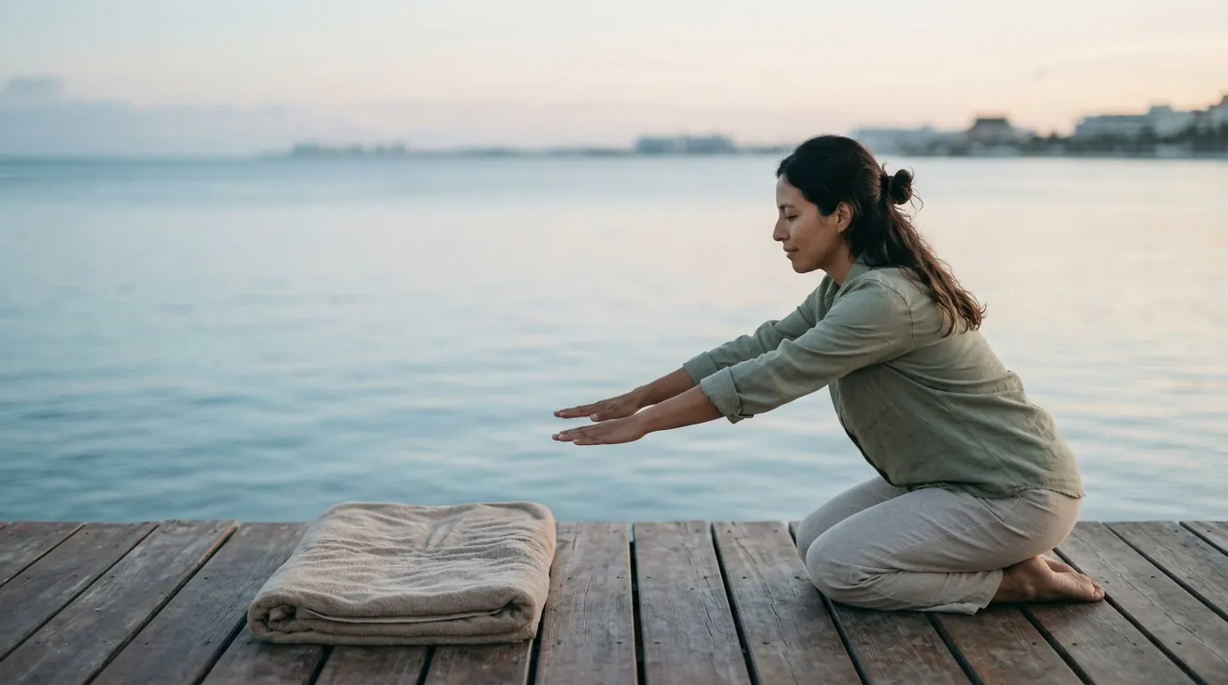 Mujer estirando los brazos, arrodillada sobre un muelle de madera frente al mar en calma, al amanecer