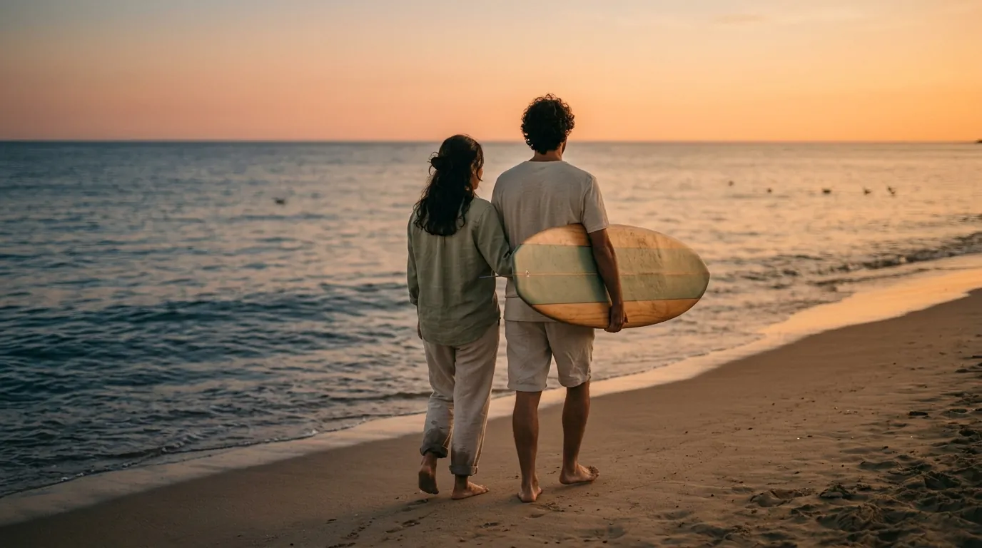 Pareja caminando descalza por la orilla del mar al atardecer, de espaldas, llevando una tabla de surf